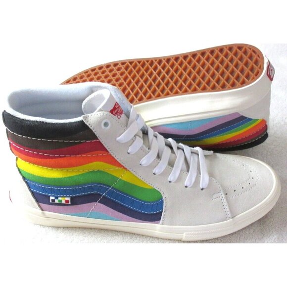 Vans Men's Skate Sk8-Hi Pride White Rainbow Suede Canvas shoes Sizes NIB - Picture 3 of 6